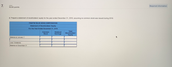 Required information 10.00 points 2. Prepare a statement of stockholders equity for the year ended December 31, 2018, assuming no common stock was issued during 2018. FIGHTIN BLUE HENS CORPORATION Statement of Stockholders Equity For the Year Ended December 31, 2018 Common Stock Retained Earnings Total Stockholders Balance at January1 Less: Dividends Balance at December 31