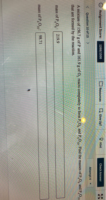 KY Assignment Score: 1268/1500 C Give Up? QHint Resources Check Answer Attempt 4 KQuestion 10 of 15> A mixture of 156.7 g of