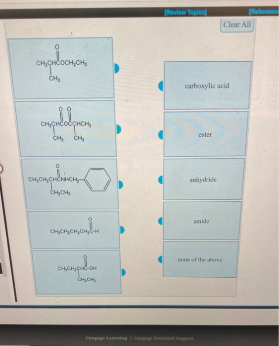 [Review Toples) [Reference Clear All CH3CHCOCH2CH3 сн. carboxylic acid ampubolopen ester CH3 CHE anhydride CH,CH, CH2CH3 amid