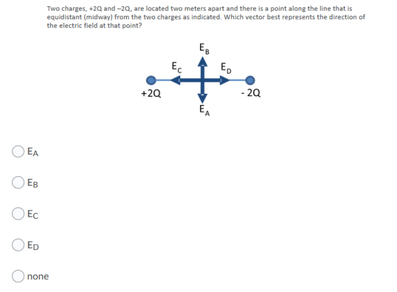 Two charges, +2Q and -20, are located two meters apart and there is a point along the line that is equidistant (midway) from