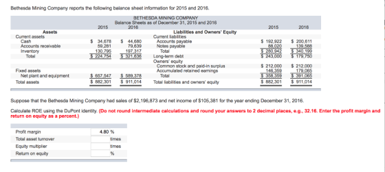 Bethesda Mining Com pany reports the following balance sheet information for 2015 and 2016 BETHESDA MINING COMPANY Balance Sh