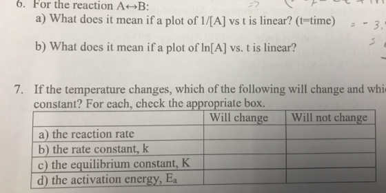 6. For the reaction A B : a) What does it mean if a plot of 1/[A] vs t is linear? (t=time) -34 b) What does it mean if a plot