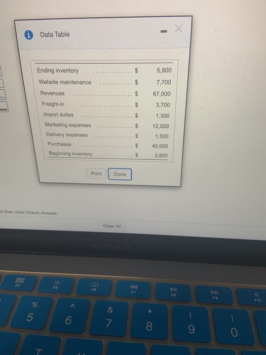 X Х Data Table Ending inventory $ 5,900 Website maintenance $ 7,700 Revenues $ $ $ Freight-in Import duties Marketing expense