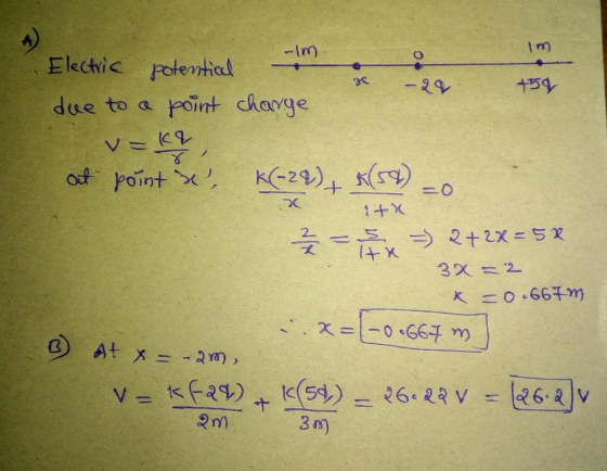 im - 28 +59 Electric potential due to a point charge - kr, at point se, K(-2) + K(54) =0 Ž= =) 2+2X = 5 38=2 C tox K = 0.667