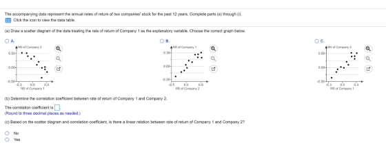 The accompanying data represent the annual rates of return of two companies stock for the past 12 years. Complete parts (a) through () ElB Click the icon to view the data table (a) Draw a scatter diagram of the data treating the rate of return of Company 1 as the explanatory variable. Choose the correct graph below. A. RR of Company 2 RR of Company 1 RR of Company 2 0.5 0.3 0.0 RR of Company 1 0.3 0,3 0 0.0 RR of Company 2 0.5 0.5 0.0 RR of Company 1 0,3 0.3 (b) Determine the correlation coefficient between rate of return of Company 1 and Company 2 The correlation coefficient is. (Round to three decimal places as needed.) (c) Based on the scatter diagram and correlation coefficient, is there a linear relation between rate of return of Company 1 and Company 2? No O Yes