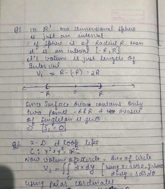 1 и R ФИs сміллі (ма is just an interval te sphue is of Radius R. then. it is an interal L-R,R]. its volume is just length
