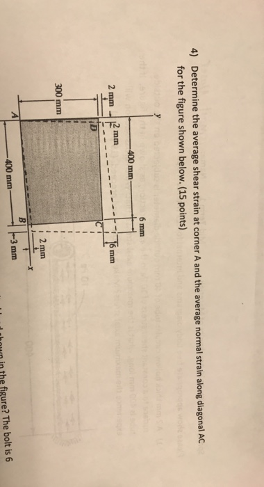 Determine the average shear strain at corner A and the average normal strain along diagonal AC for the figure shown below. (1