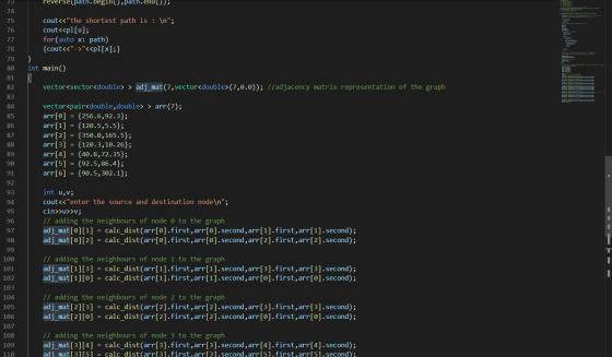 73 reverse(path.begin(),patn.end()); 74 76 cout<<The shortest path is : \n; cout<<pl[u]; for(auto x: path) {cout<<-><<p1[