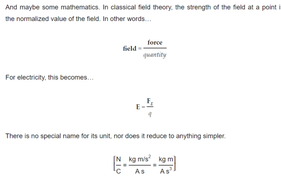 And maybe some mathematics. In classical field theory, the strength of the field at a point i the normalized value of the field. In other words.. force field_ quantity For electricity, this becomes... There is no special name for its unit, nor does it reduce to anything simpler. N kg ms kg m C AAs3