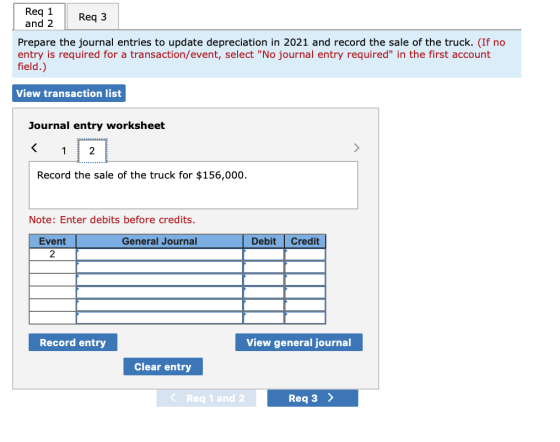 Req 1 and 2 Req 3 Prepare the journal entries to update depreciation in 2021 and record the sale of the truck. (If no entry i