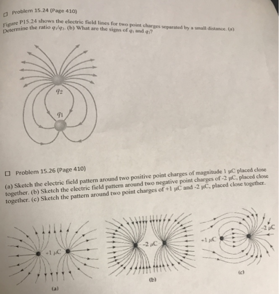 Problem 15.24 (Page 410) P15.24 shows the electric field lines for two point charges separated by a small distance. (a) Figrnine the ratio gilg2. (b) What are the signs of gi and q 42 91 (a) Sketch the electric field pattern around two positive point charges of magnitude 1 HC placed close together, (b) Sketch the electric field pattern around two negative point charges of-2 μC placed close together. (c) Sketch the pattern around two point charges of +1 uC and -2 HC, placed close together. D Problem 15.26 (Page 410) 2 C -2 C (al