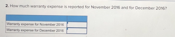 2. How much warranty expense is reported for November 2016 and for December 2016? Warranty expense for November 2016 Warranty