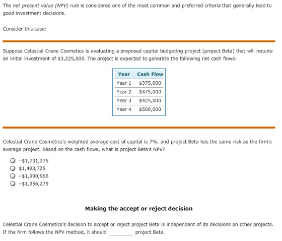The net present value (NPV) rule is considered one of the most common and preferred criteria that generally lead to good inve