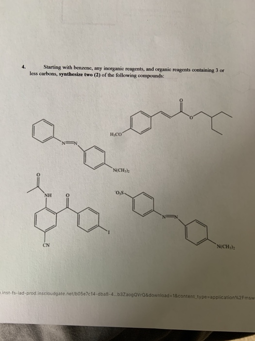 Starting with benzene, any inorganic reagents, and organic reagents containing 3 or less carbons, synthesize two (2) of the f