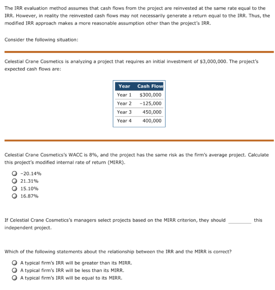 The IRR evaluation method assumes that cash flows from the project are reinvested at the same rate equal to the IRR. However,