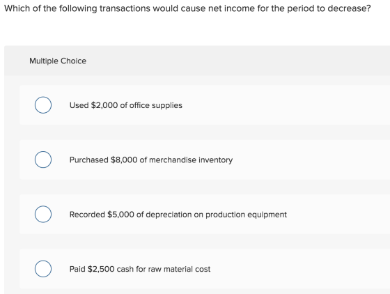 Which of the following transactions would cause net income for the period to decrease? Multiple Choice Used $2,000 of office