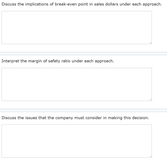 Discuss the implications of break-even point in sales dollars under each approach. Interpret the margin of safety ratio under each approach. Discuss the issues that the company must consider in making this decision.