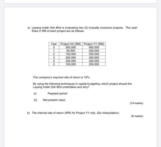 a) Layang Indah Sdn Bhd is evaluating two (2) mutually exclusive projects. The cash flows in RM of each project are as follow