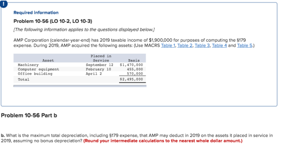 Required information Problem 10-56 (LO 10-2, LO 10-3) [The following information applies to the questions displayed below.) A