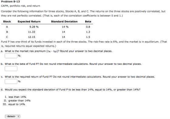 Problem 8-13 CAPM, portfolio risk, and return Consider the following information for three stocks, Stocks A, B, and C. The re