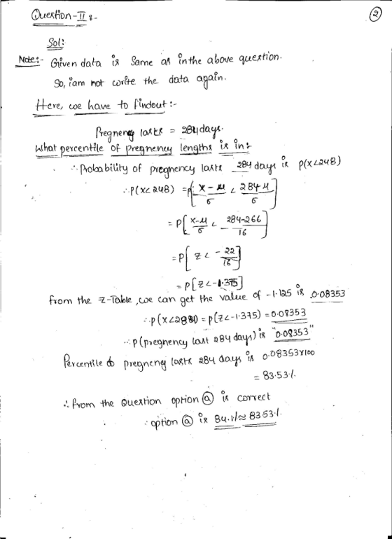 Queston- Sol: Me: . Given data | Ncte ㄵ &rnea, tn the above querhon. So, iam hot coie the data agafn Heve, oe have to indut oepreney ength t n hWhat pexcentile O Poloa bity of preqne P2846 T6 군1-22 16 om the 2-Toble e can get the value 5 08353 x135) -o019353 :83-53 Prom the Ouextrion oprioncovect option & B4.1~8353/