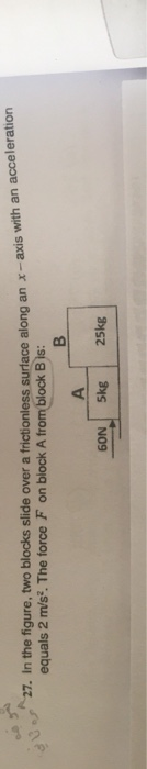 شوف x-axis with an acceleration 27. In the figure, two blocks slide over a frictionless surface along an x-axis with equals 2