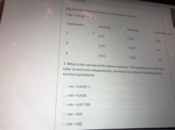 1-2. Rate data were obtained for the following reaction A (g) + 2B (g) -C(8) Experiment Initial (Al Initial [B] 1 Initial Rat