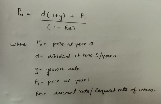 Po = where dCi+g) + Pi (it Red Poz price at year o d= dividend at time o/year go growth sate P = price at year I Re- diecount