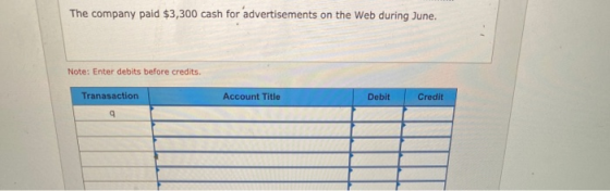 The company paid $3,300 cash for advertisements on the Web during June. Note: Enter debits before credits Tranasaction Accoun