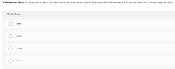 CAPM Required Return A company has a beta of .68. If the market return is expected to be 13.8 percent and the risk-free rate