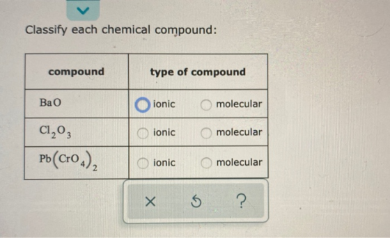 Classify each chemical compound: compound type of compound Bao ionic Omolecular ionic molecular C1,03 Pb(Croa), O ionic molec