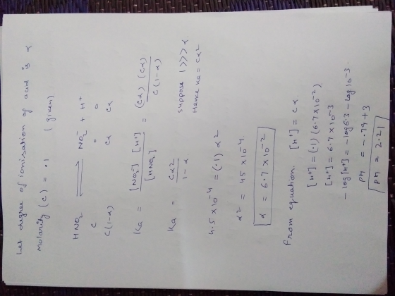 9 A a ad is a het degree of ionisation of acid molaruty (c) = .. I given). ONH - TH+ ION (1-2) Ko - No] [mt] - (ed) (62) [HNO