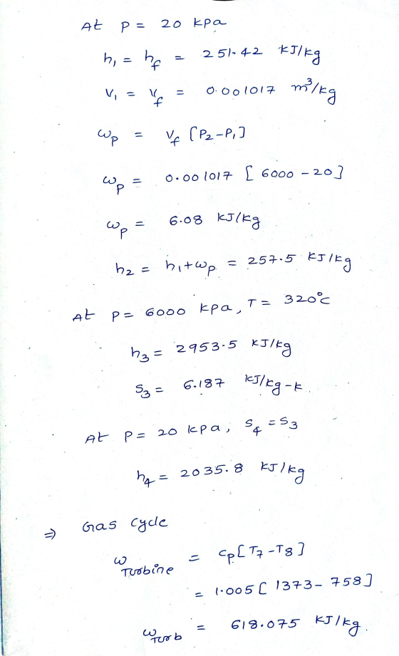 At P = 20 kpa 251-42 h, = he kJ/kg 0.001017 milkg Vi - f Wp = Ve [P2-P,] wp نا 0.001017 [ 6000 - 20) = خبر) 6.08 kJ/kg P 257.