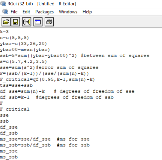 R RGui (32-bit) - [Untitled - R Editor] R File Edit Packages Windows Help n-c (5, 5,5) ybar-c(33,26,20) ybar00-mean (ybar) ss