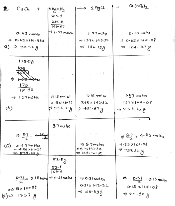 CaCl2 + 1 - 2 Agce + Ca(NO3)2 2AGNO 215.9 215-9 169-87 1.27 moles - 0.63 moles → 0.63*110.984 a) — 70-528 1.27 moles »1.27x14