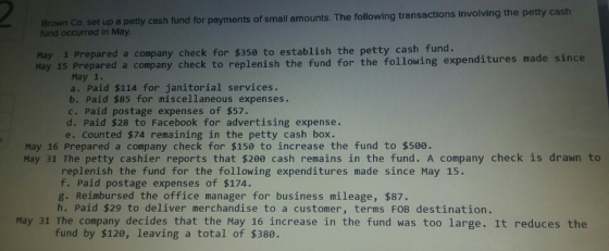 Brown Co set up a petty cash fund for payments of small amounts. The following transactions involving the petty cash fund occ