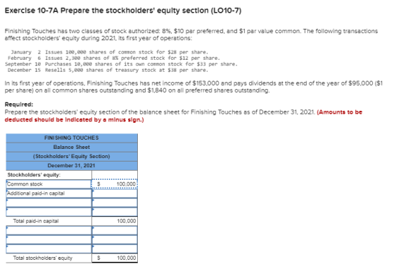 Exercise 10-7A Prepare the stockholders equity section (LO10-7) Finishing Touches has two classes of stock authorized: 8%, $