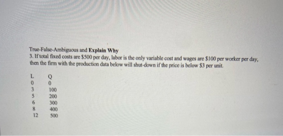 True False-Ambiguous and Explain Why 3. If total fixed costs are $500 per day, labor is the only variable cost and wages are