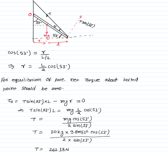 T SiO) (13) mg 53: A--- cos(530) = > re 2 La cos(53) Torque about bolted For equilibrium of pole, net boint should be zess. t