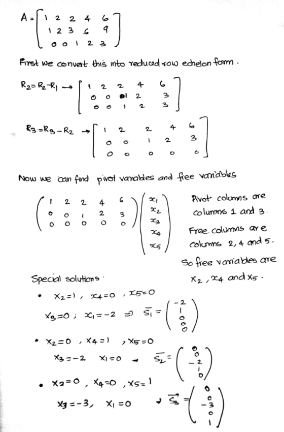 iret we conveit his nto reducad oo echelon fom 3 R3 -R 1 2 2 Now w we can fond pvet vanables and fee vanabks Pivot colons aree colunns 1 ard 3 12 2 4 2. 3 columns 2, 4 and 5 25 So hee vaniables are Special soluons 2. 2.