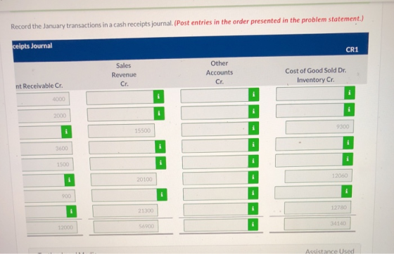 Record the January transactions in a cash receipts journal. (Post entries in the order presented in the problem statement.) c