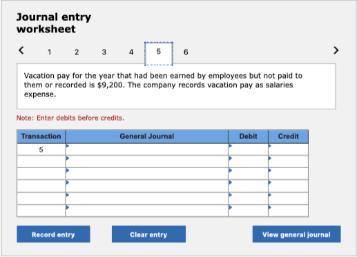 Journal entry worksheet Vacation pay for the year that had been earned by employees but not paid to them or recorded is $9,200. The company records vacation pay as salaries expense Note: Enter debits before credits. Transaction General Journal Debit Credit Record entry Clear entry View general journal