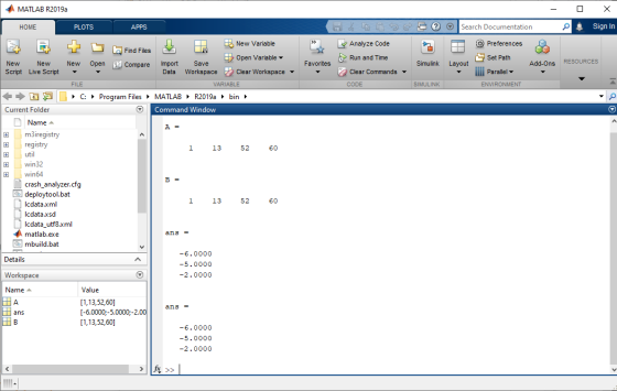 MATLAB R2019a HOME PLOTS APPS do E O Search Documentation Sign In Analyze Code O Preferences Run and Time Set Path Favorites