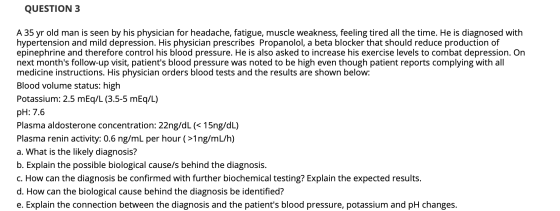 QUESTION 3 A 35 yr old man is seen by his physician for headache, fatigue, muscle weakness, feeling tired all the time. He is