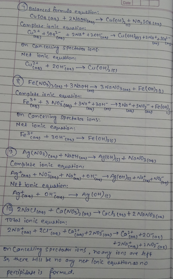 ( Date Balanced formula equation: - Cuso4 (aq) + 2NaOthay Cu(OH)₂ + Na, 504 (aa) Complete ionic equation: Cu2+ +5092- + 2Na+