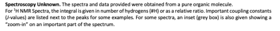 Spectroscopy Unknown. The spectra and data provided were obtained from a pure organic molecule. For H NMR Spectra, the integ