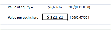Value of equity = $ 6,666.67 200/(0.11-0.08) Value per each share = $ 121.21 | [6666.67/55]