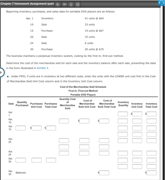 Chapter 7 Homework Assignment (part 1 Beginning inventory, purchases, and sales data for portable DVD players are as follows:
