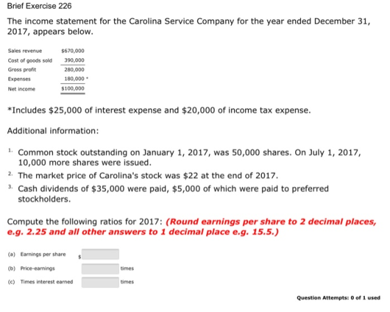 Brief Exercise 226 The income statement for the Carolina Service Company for the year ended December 31, 2017, appears below.