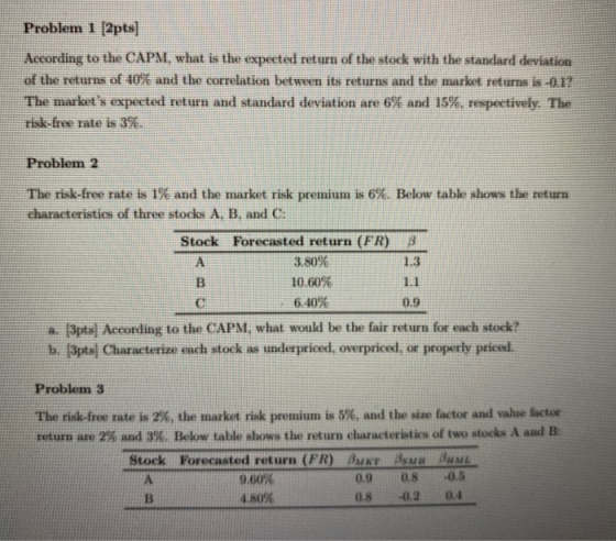 Problem 1 2pts] According to the CAPM, what is the expected return of the stock with the standard deviation of the returns of
